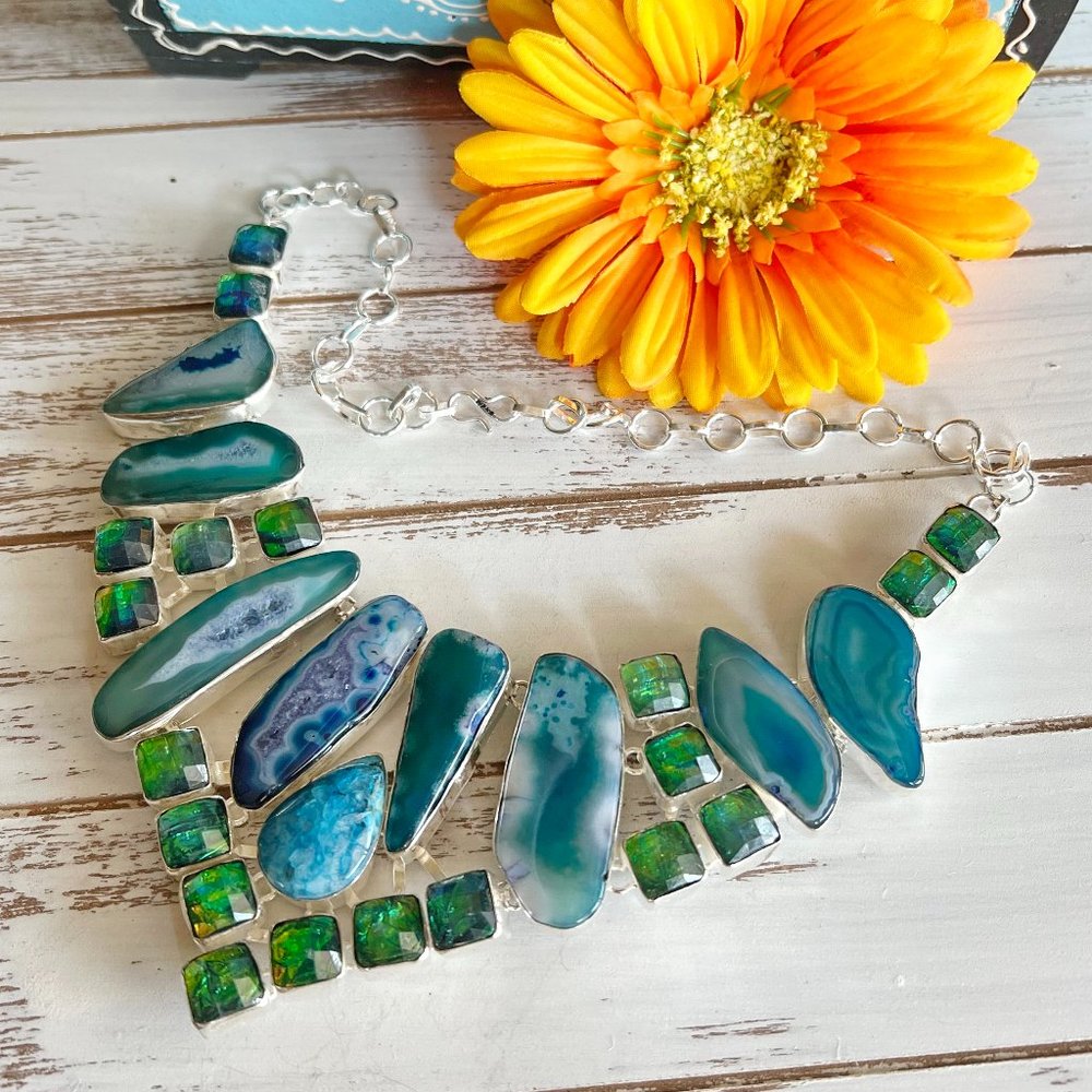 Solar Agate Necklace Triplet Opal Ocean Blue Large Handmade 925 Silver Boho New! - Picture 4 of 16